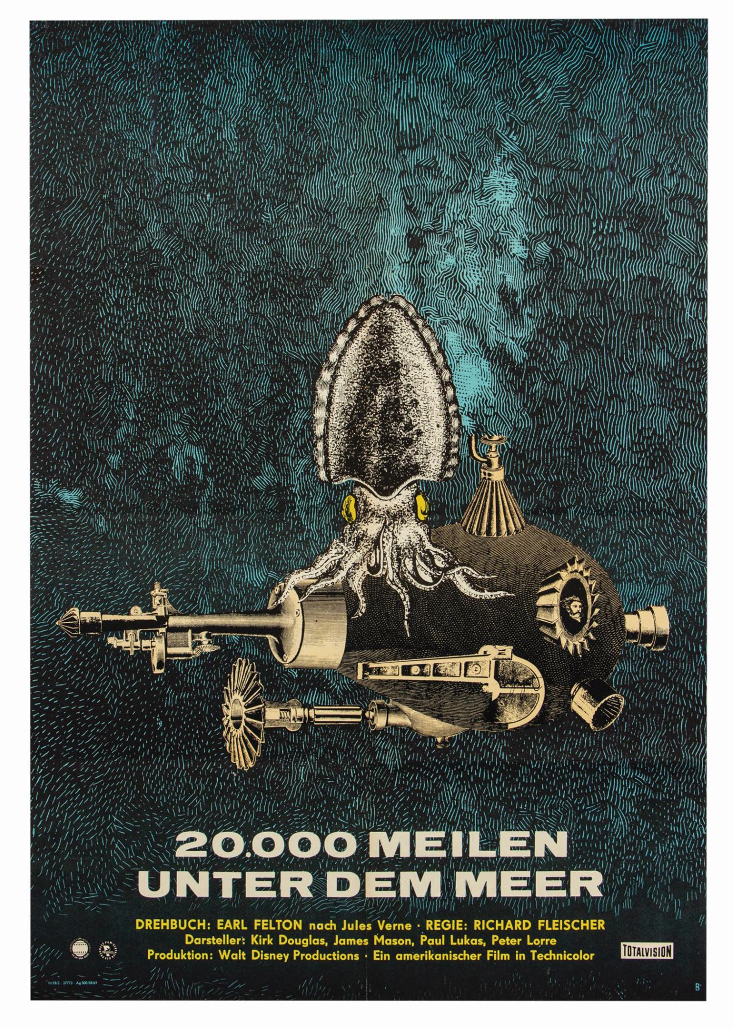 20,000 Leagues Under the Sea East German Poster.: (Disney, 1969) A rare East German A1 poster for the delayed first release of Walt Disney’s sci-fi classic, 20,000 Leagues Under the Sea, prepared for the then-Communist state. Featuring retro steamp