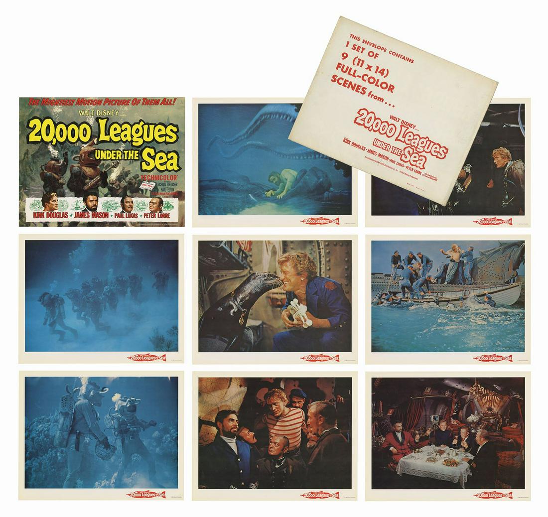 20,000 Leagues Under the Sea Lobby Cards.: (Disney, 1963) A rare set of (9) lobby cards created for the re-release of 20,000 Leagues Under the Sea. These lobby cards measure 11"x14" each and come in their original 11.5"x14.5" envelope. The set