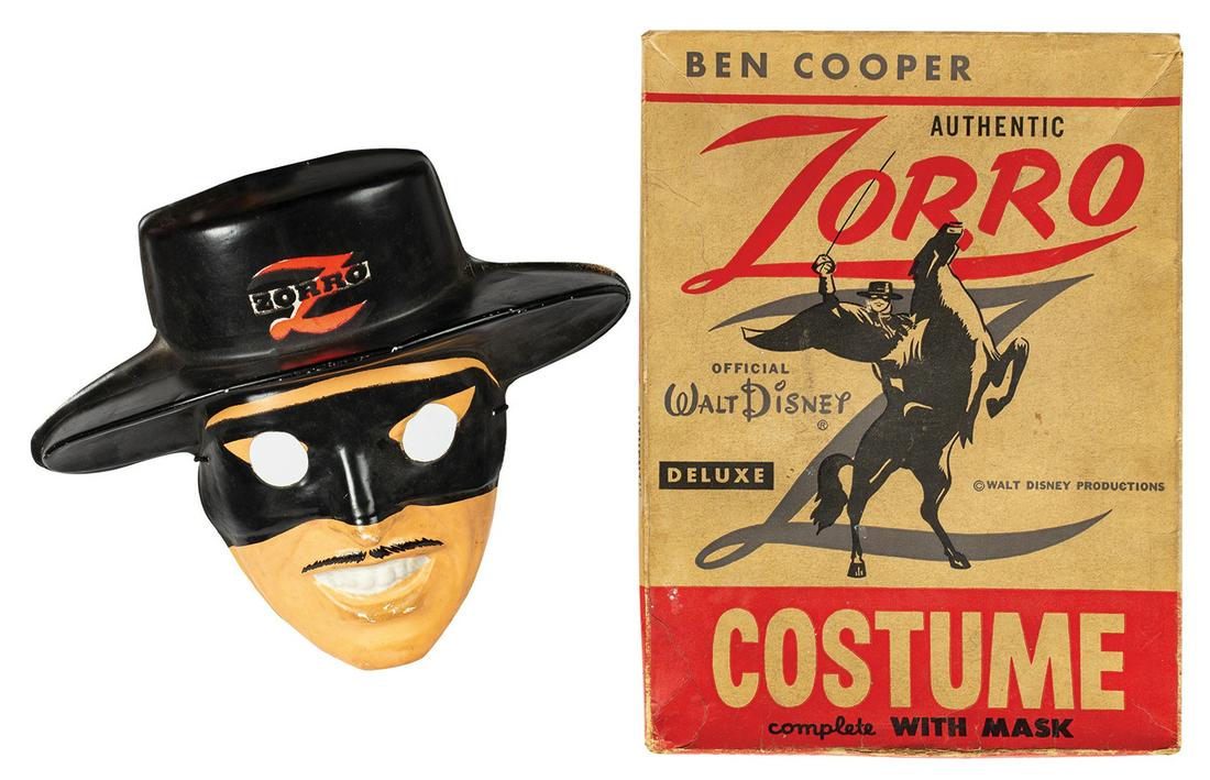 Ben Cooper Walt Disney Zorro Costume.: (Disney, 1950s) An official Walt Disney Deluxe Authentic Zorro Costume by renowned costume manufacturer Ben Cooper. The costume includes a full-face vacuum formed plastic Zorro mask in the likeness of