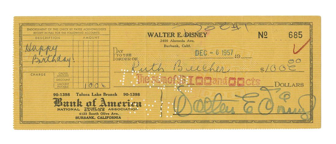 Walt Disney Signed Bank Check to Sister Ruth.: (Disney, 1957) A very rare bank check signed by Walt Disney as a gift to his sister, Ruth Flora Disney Beecher, for her 54th birthday. The check features Walt's full name of Walter E. Disney and his b
