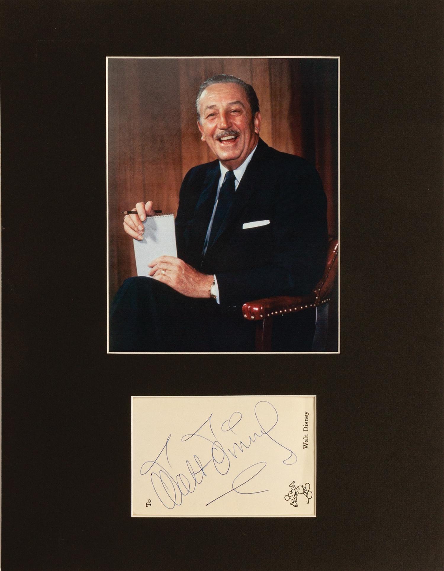 Walt Disney Autographed Mickey Mouse Stationery.: (Disney, c.1950s-60s) A rare Walt Disney autograph on Walt's personal Mickey Mouse logo stationery. Walt was known to enjoy spending time within his theme park as often as he could and was always happ