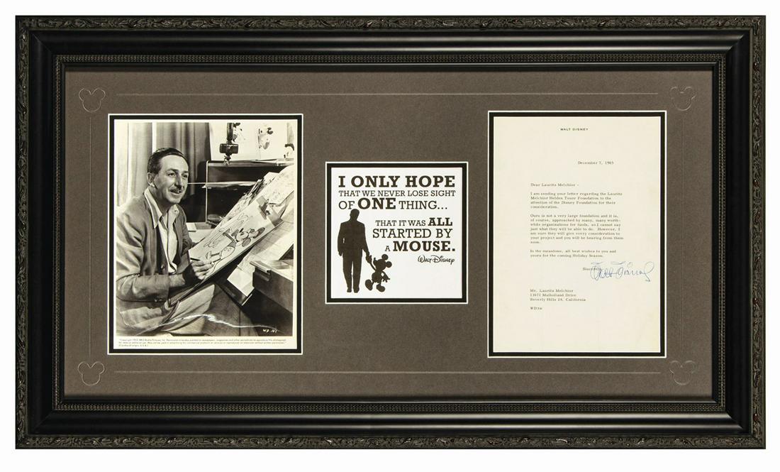 Walt Disney Typed Letter Signed With Photograph.: (Disney, 1965) An original typed letter signed by Walt Disney to Wagnerian opera singer, Lauritz Melchoir. The letter, dated December 7, 1965, is typed on Walt Disney’s personalized letterhead, and 