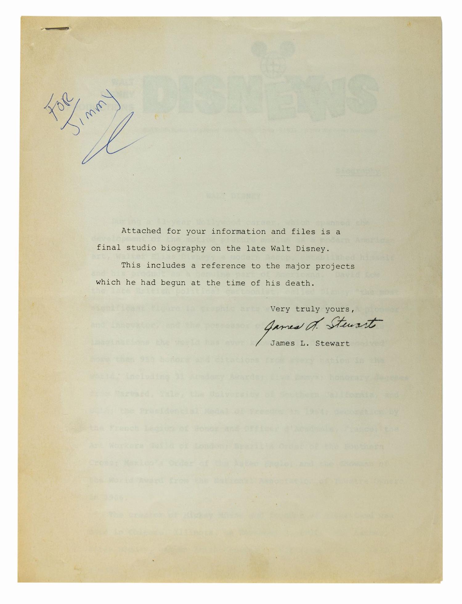 Studio Biography on the Late Walt Disney.: (Disneyland, 1967) A very rare studio biography on Walt Disney, created shortly after his death in December of 1966. The biography contains a cover letter by studio executive James Stewart, as well as