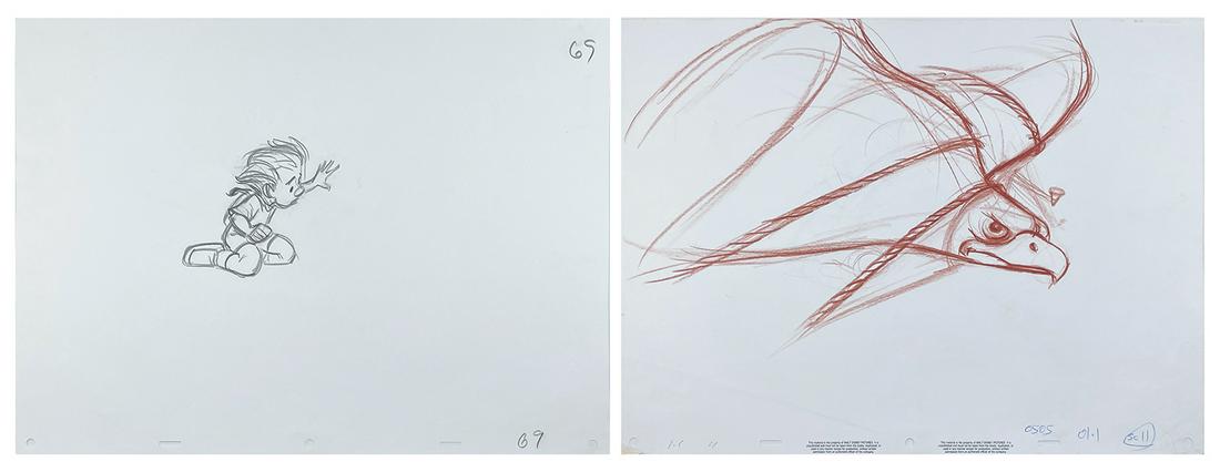 Pair of The Rescuers Down Under Production Drawings.: (Disney, 1990) A pair of rough production drawings featuring Cody and Marahute from Walt Disney's The Rescuers Down Under. Although this feature used computers to color the images rather than hand-pai