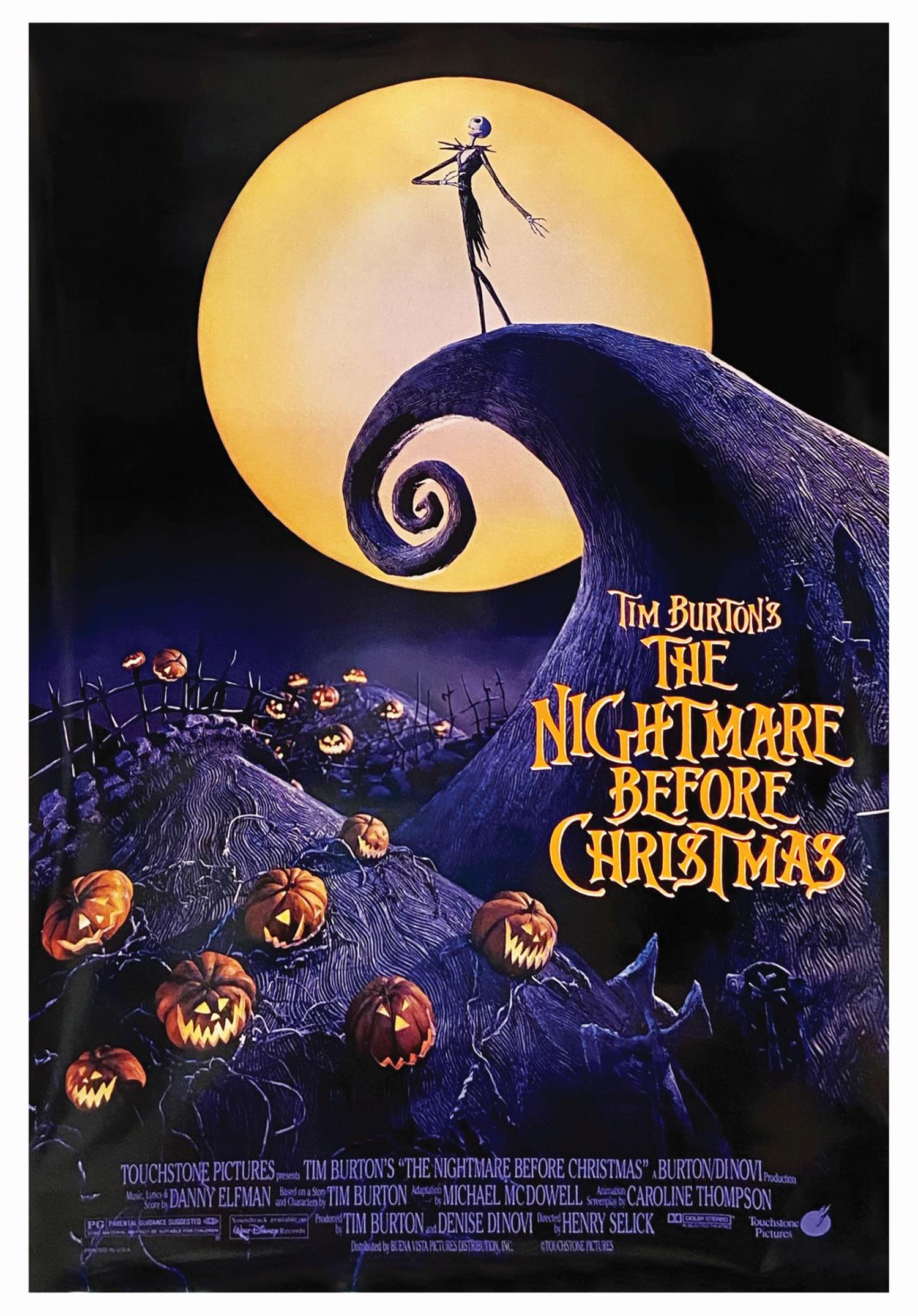 The Nightmare Before Christmas One Sheet Poster.: (Disney, 1993) An original double-sided U.S. one sheet poster for the Tim Burton stop-motion classic, The Nightmare Before Christmas. Jack Skellington stands atop the spiral hill in what is easily one