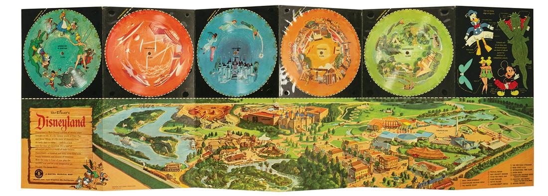 Your Trip to Disneyland on Records Mattel Musical Map.: (Disneyland, 1955) An illustrated map and record set featuring music themed after each of the original lands of the park. Created by Mattel, the (5) included 78rpm records have not been removed from t