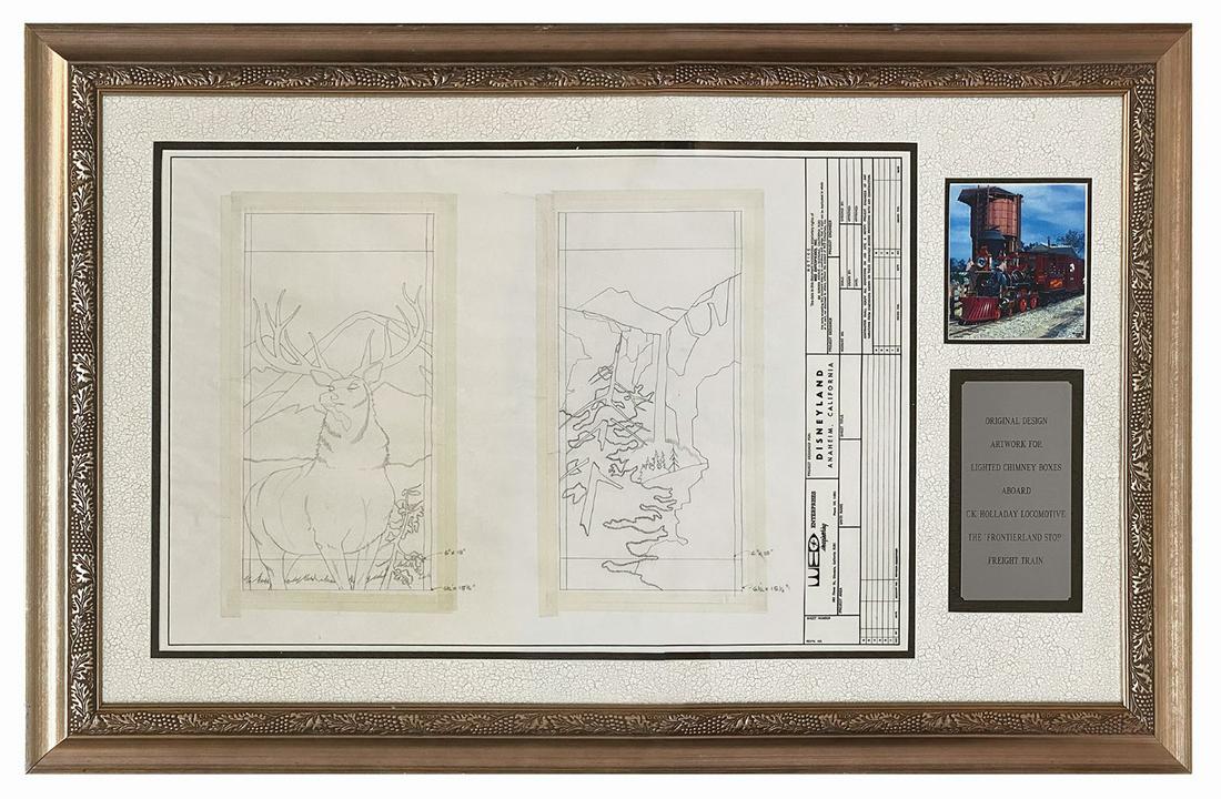 Original Disneyland Railroad Chimney Box Designs.: (Disneyland, 1955) These two original drawings were used in the creation of the chimney box for the C.K. Holliday Locomotive on the Disneyland Railroad. Built in 1955, the C.K. Holliday was modeled af