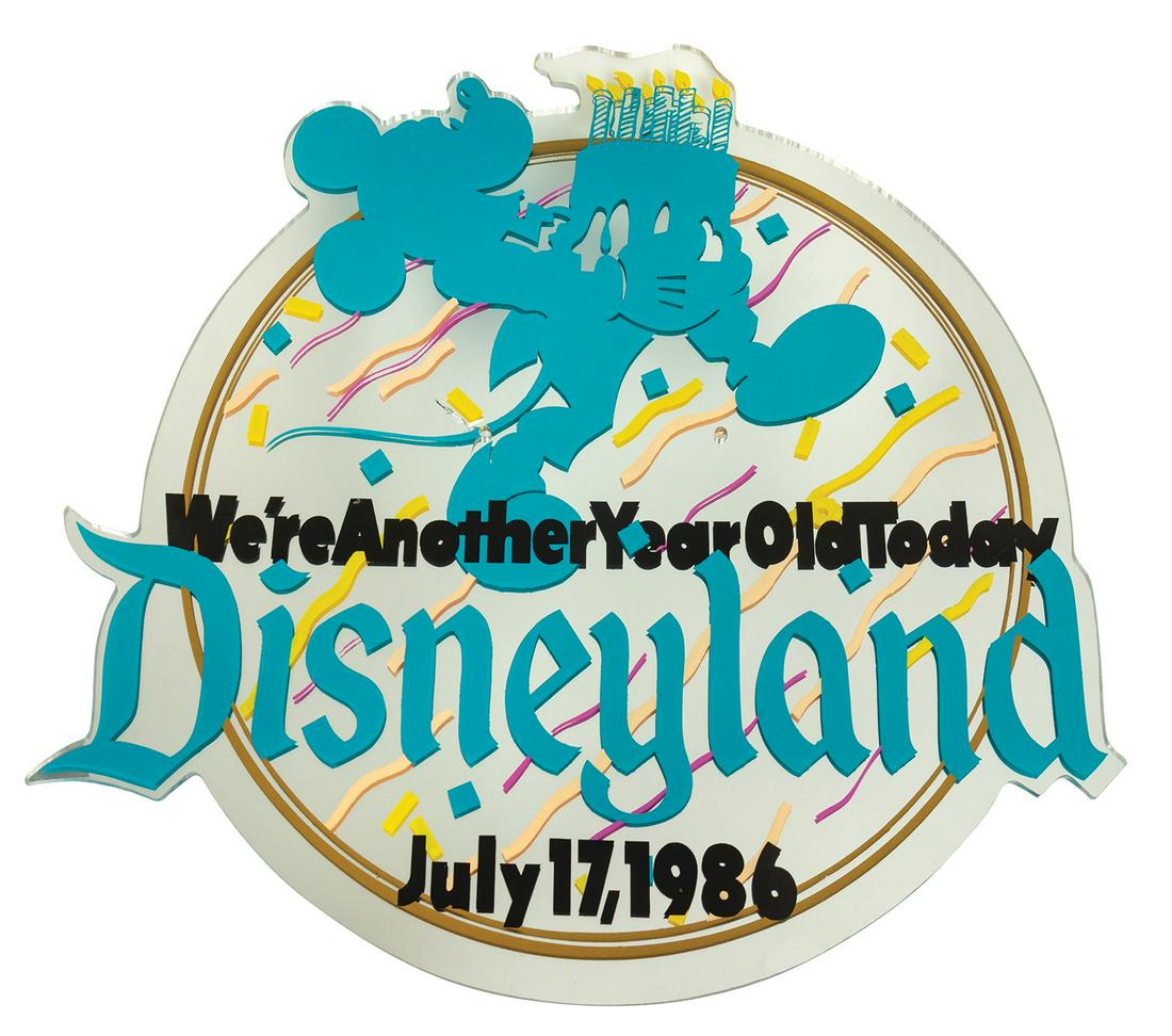 Disneyland 31st Birthday Lamppost Sign.: (Disneyland, 1986) A lamppost sign from Disneyland's 31st birthday on July 17, 1986. The mirrored acrylic sign is screen-printed with a silhouette of Mickey Mouse carrying a birthday cake above text e