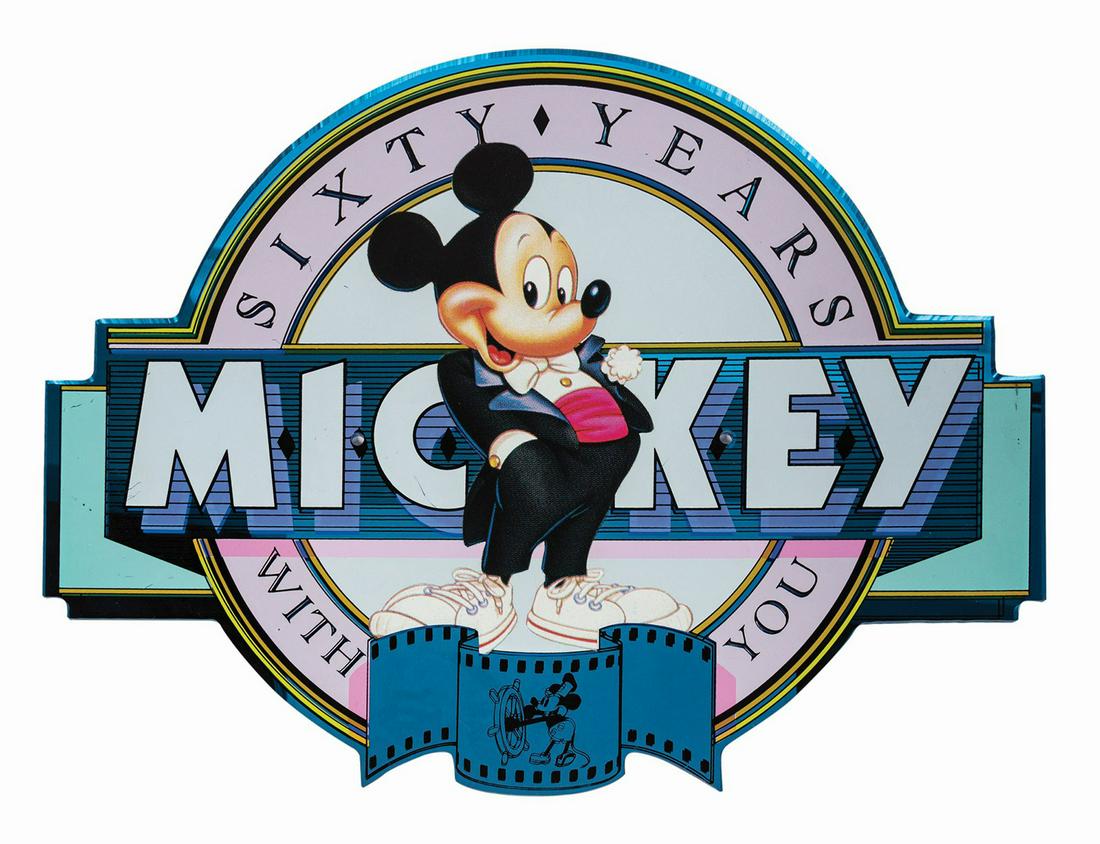 Mickey's 60th Birthday Main Street Lamppost Sign.: (Disneyland, 1988) A rare lamppost sign from Main Street that was used during Mickey Mouse's 60th birthday celebrations. Printed on acrylic board with mirrored design elements, the sign features a dap