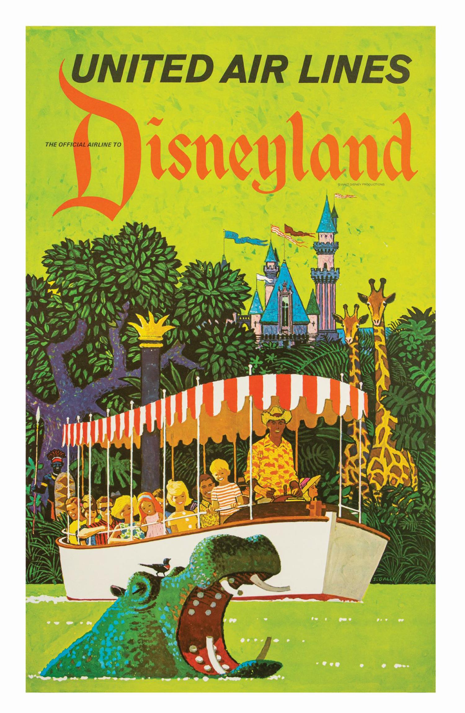 Disneyland United Airlines Travel Poster.: (Disneyland, c.1960s) A vintage United Airlines travel poster for Disneyland by artist Stan Galli. Famous for his vibrant designs, Galli adds some whimsy to his work as he depicts tourists on the Jung