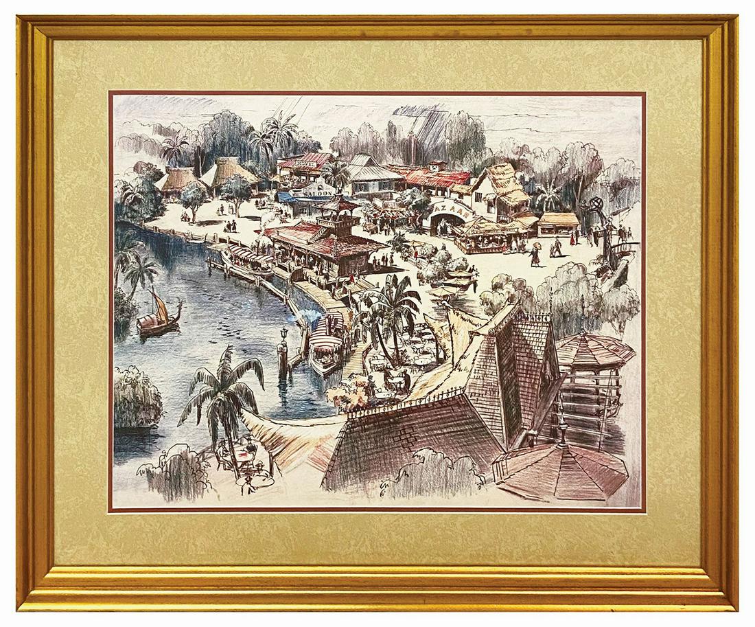 Disneyland Hotel Adventureland Concept Art Print.: (Disneyland, c.2000s) A framed print of Imagineer Harper Goff's concept art for Adventureland, depicting the entrance to the Jungle Cruise. This high-quality print was displayed at the Disneyland Hote