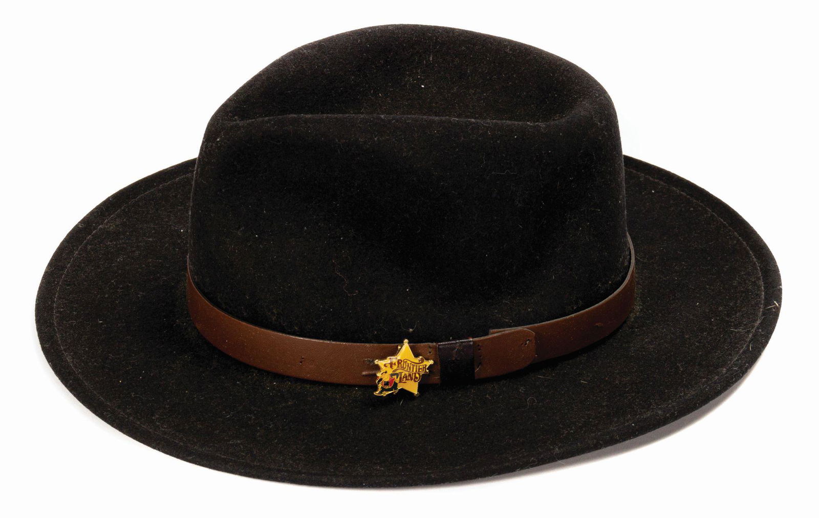 Disneyland Pendleton Hat with Frontierland Pin.: (Disneyland, c.1980s) A Western style fedora created by Pendleton Woolen Mills exclusively for Disneyland. The black wool felt hat features a brown leather hatband with affixed Disneyland 30th Anniver