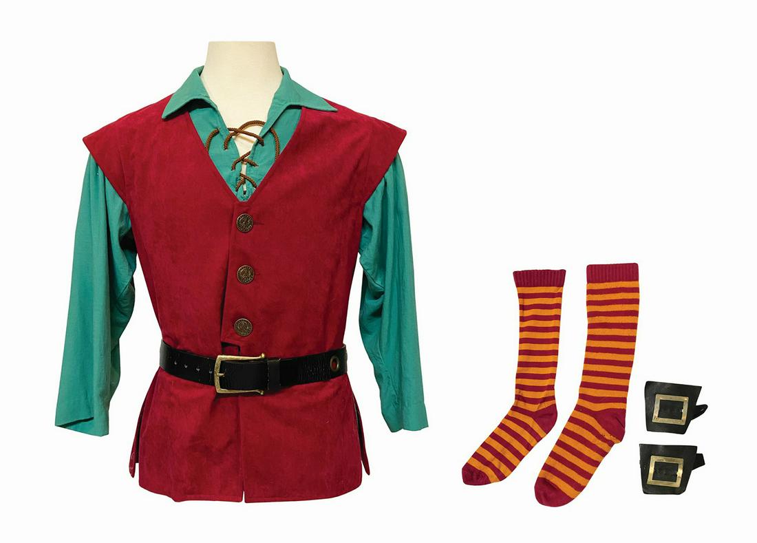 Pirates of the Caribbean Cast Member Costume.: (Disneyland, c.1980s-2000s) A rare men's cast member costume from the Pirates of the Caribbean attraction. The costume includes the vest, shirt, belt, shoe buckles, and pair of extra-long socks. This 