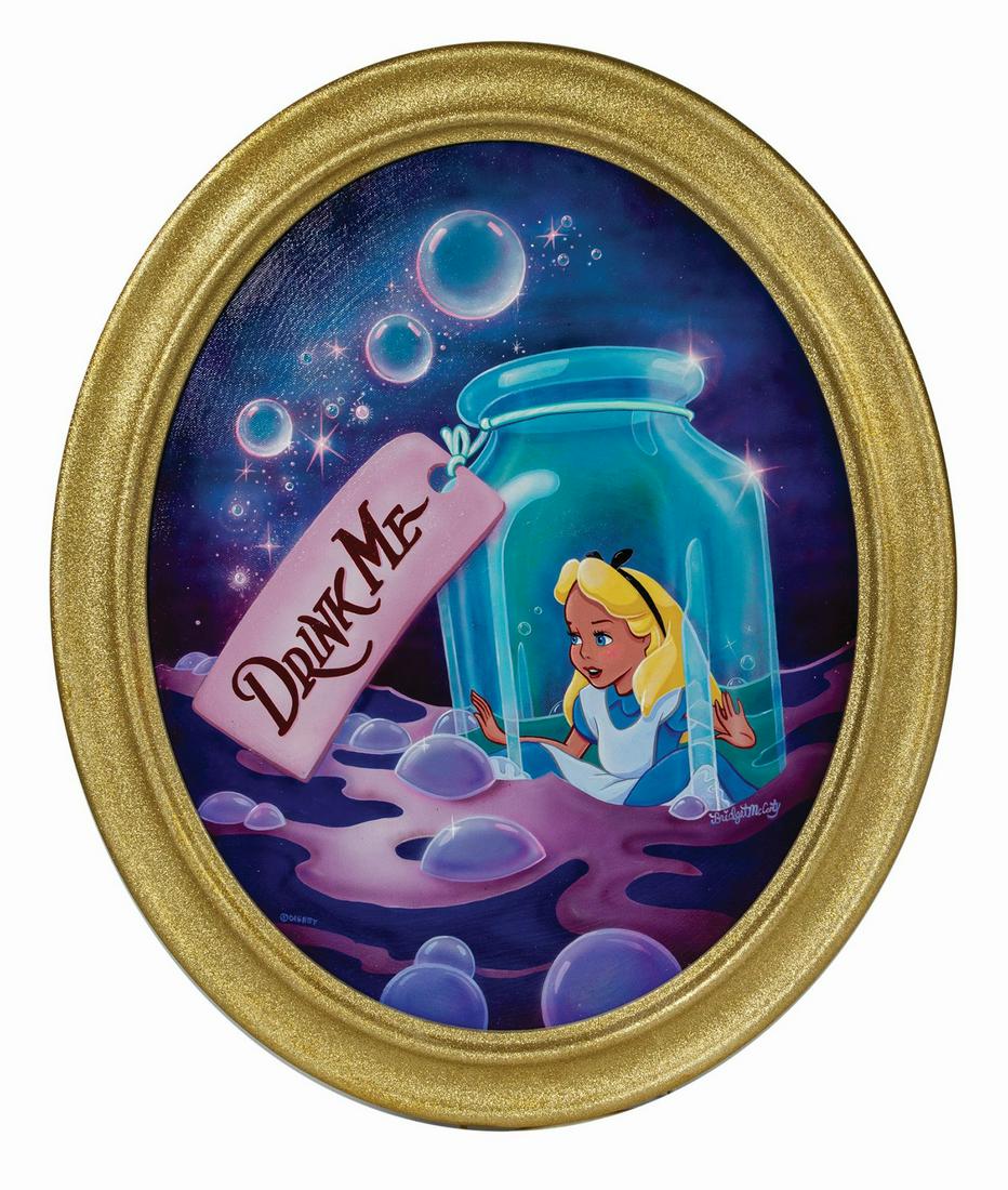 Original "Drink Me" Alice in Wonderland Painting.: (Disneyland, 2015) An original painting by artist Bridget McCarty depicting a scene based on Alice in Wonderland. Titled "Drink me," the painting was created for the Art of Disney Theme Parks collecti