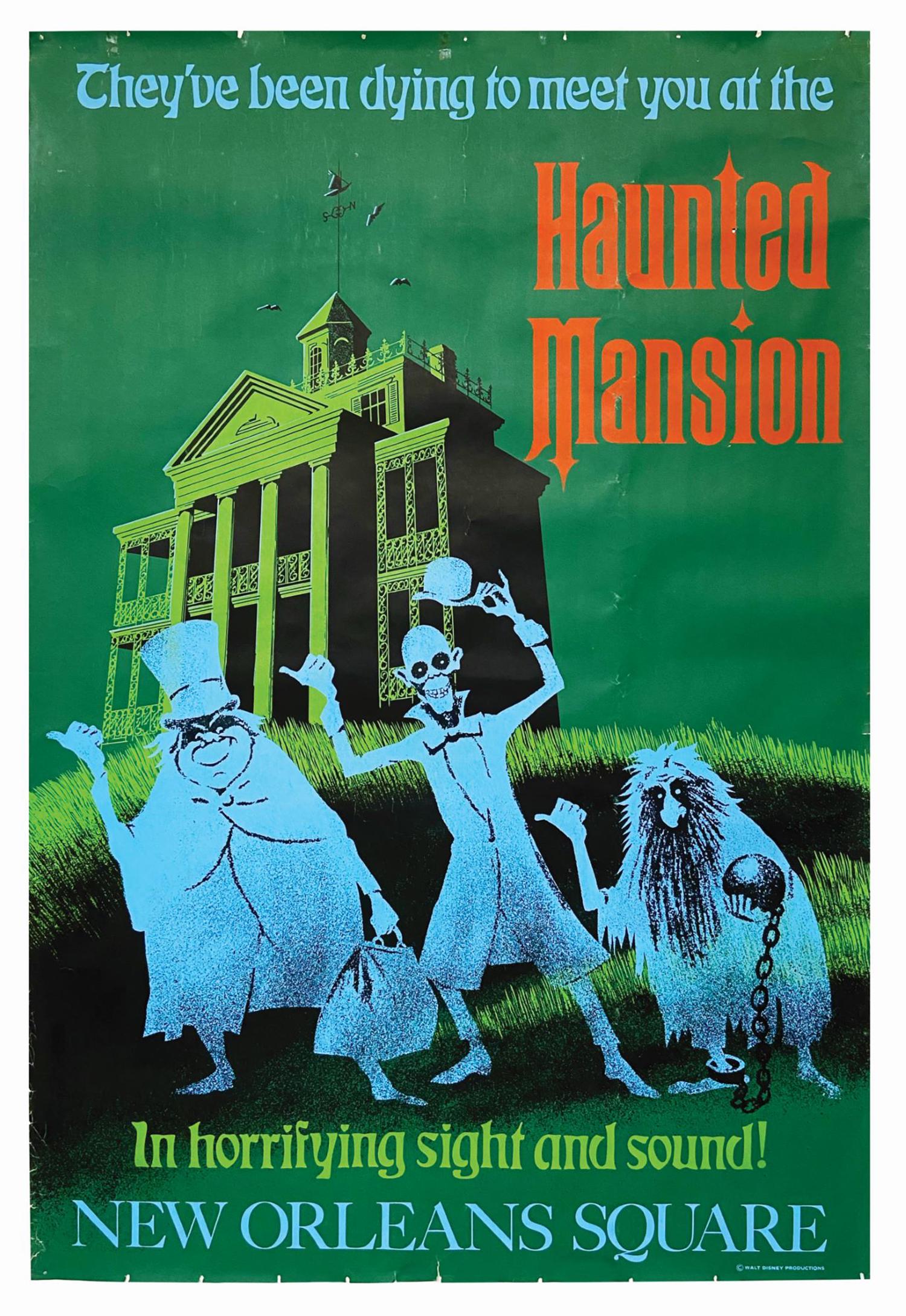 Original Haunted Mansion Attraction Poster.: (Disneyland, 1969) An original hand-silkscreened attraction poster for Disneyland's Haunted Mansion. This poster was designed by Imagineers Ken Chapman and Marc Davis and features iconic imagery of th