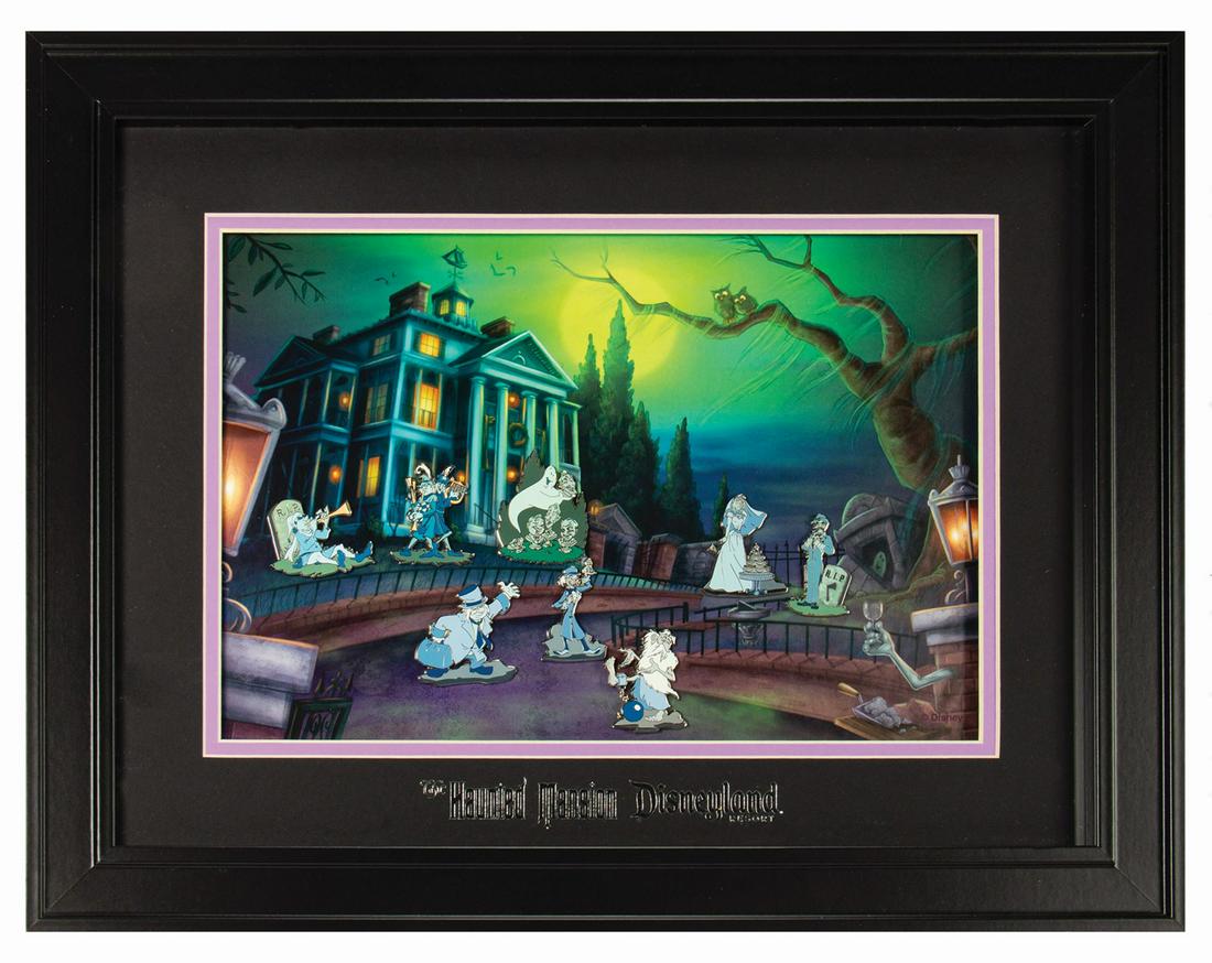 Haunted Mansion Nuptial Doom Pin Set.: (Disneyland, 2003) A limited edition framed pin set by artist Ron Cohee. Created in an edition of 100, the composition features six enamel ghost pins framed over a background print depicting the Haunt