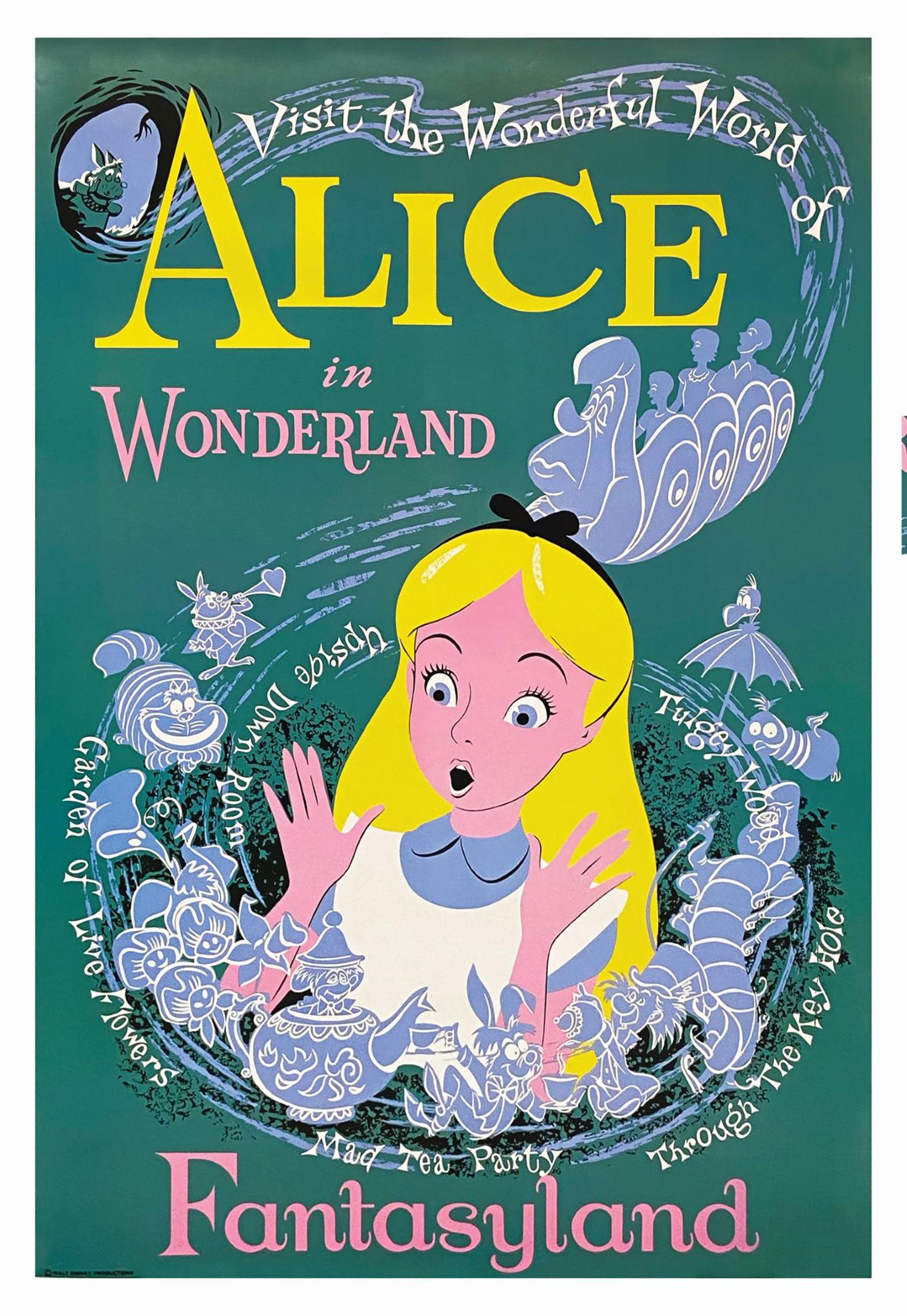 Alice in Wonderland Disney Gallery Attraction Poster.: (Disneyland, 1990s) A full-size attraction poster reproduction from the Disney Gallery for the Alice in Wonderland ride. For a short time, the Disney Gallery offered a limited amount of full-size repr