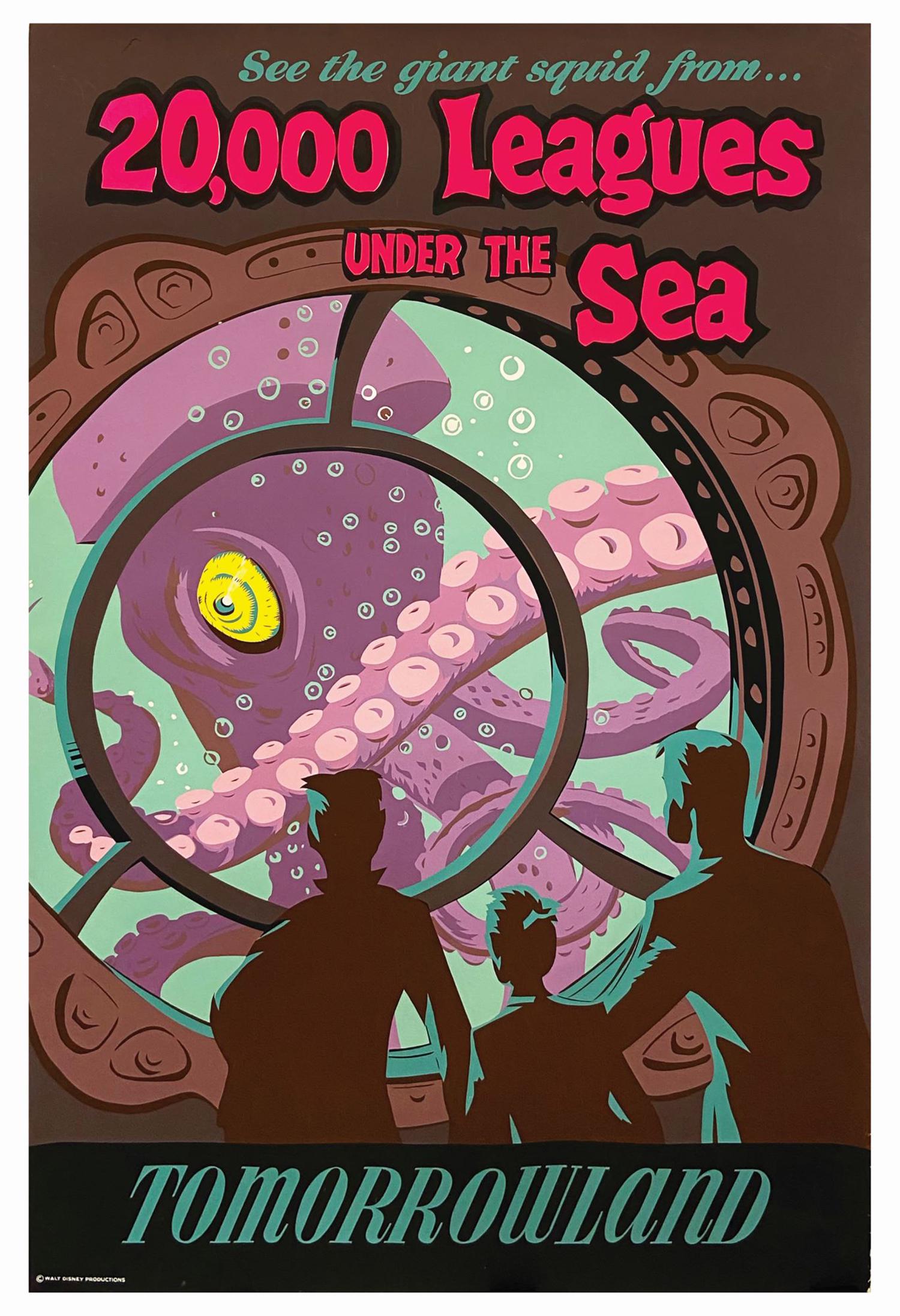 20,000 Leagues Under the Sea Attraction Poster.: (Disneyland, 1956) An original hand-silkscreened attraction poster for 20,000 Leagues Under the Sea at Disneyland. Featuring fantastical artwork by Imagineer Bjorn Aronson, it depicts the menacing gia