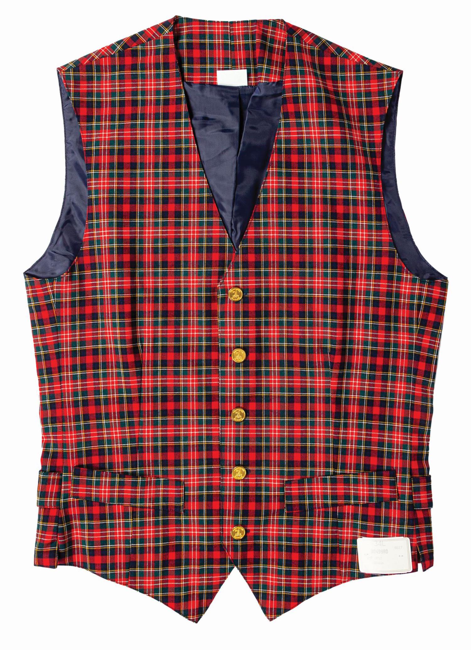 Walt Disney World Guest Relations Cast Member Vest.: (Walt Disney World, c.1980s-90s) An original park-worn Guest Relations cast member vest from the Magic Kingdom in Walt Disney World. The navy-blue, green, and red plaid vest has faux broad welt hip po