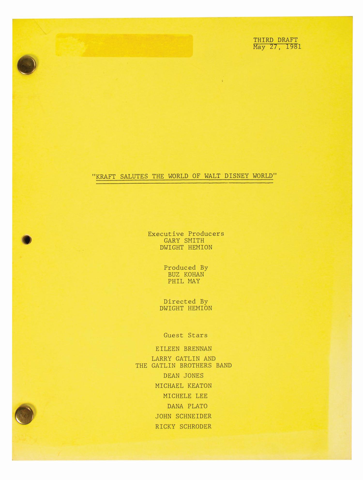 Kraft Salutes the World of Walt Disney World Script.: (Walt Disney World, 1981) A third draft of the 10th anniversary television special "Kraft Salutes the World of Walt Disney World." The draft includes a filming schedule, contact information for cast a