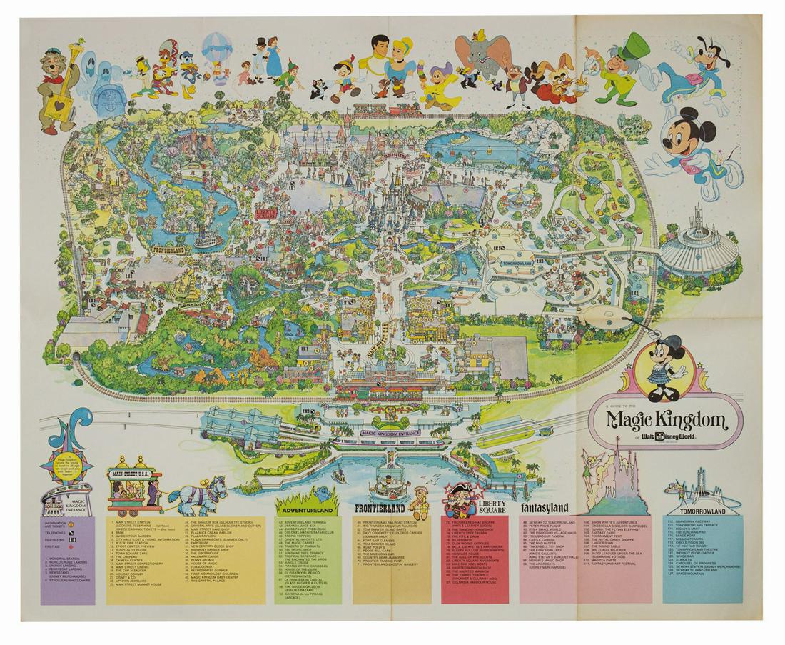 1979 Magic Kingdom Souvenir Map.: (Walt Disney World, 1979) A large souvenir map of the Magic Kingdom from 1979. This map offers a beautifully illustrated layout of the Magic Kingdom and features the lands and attractions present at t
