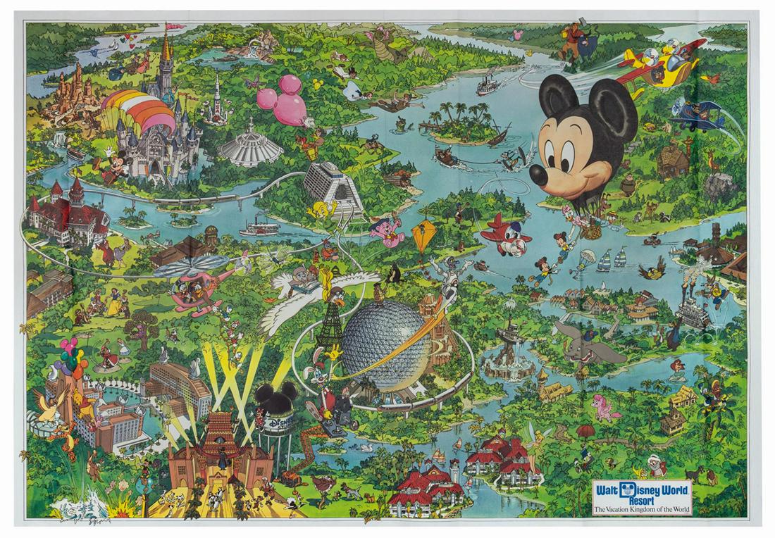 1992 Walt Disney World Resort Souvenir Map.: (Walt Disney World, 1992) A souvenir map from Walt Disney World featuring a stylized rendition of the park and its attractions. The map measures approximately 27"x39" and is in good condition with som