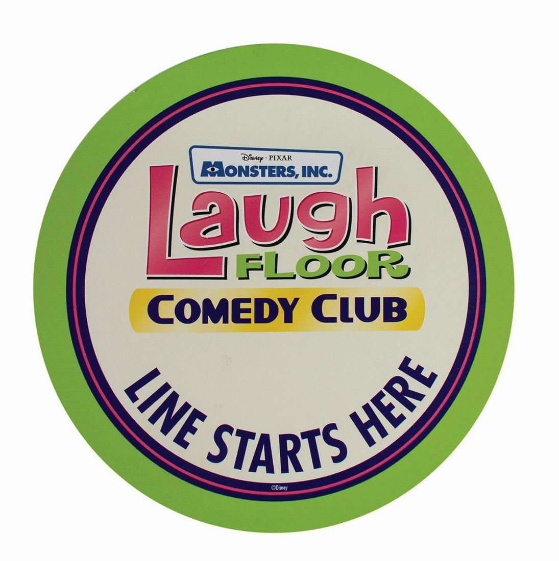 Walt Disney World Monsters, Inc. Line Sign.: (Walt Disney World, c.2000s) A Monsters, Inc. Laugh Floor Comedy Club sign from Walt Disney World. This sign was used to designate the head of the line and reads "Line Starts Here." Measuring 16" in d