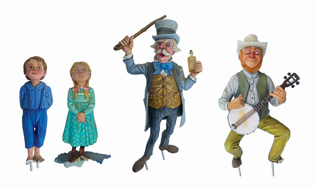 Set of (4) Western River Expedition Character Models.: (Walt Disney World, c.1970s) A set of (4) character concept models from the unrealized Western River Expedition attraction at Walt Disney World. In a vignette from the proposed ride, patent medicine s