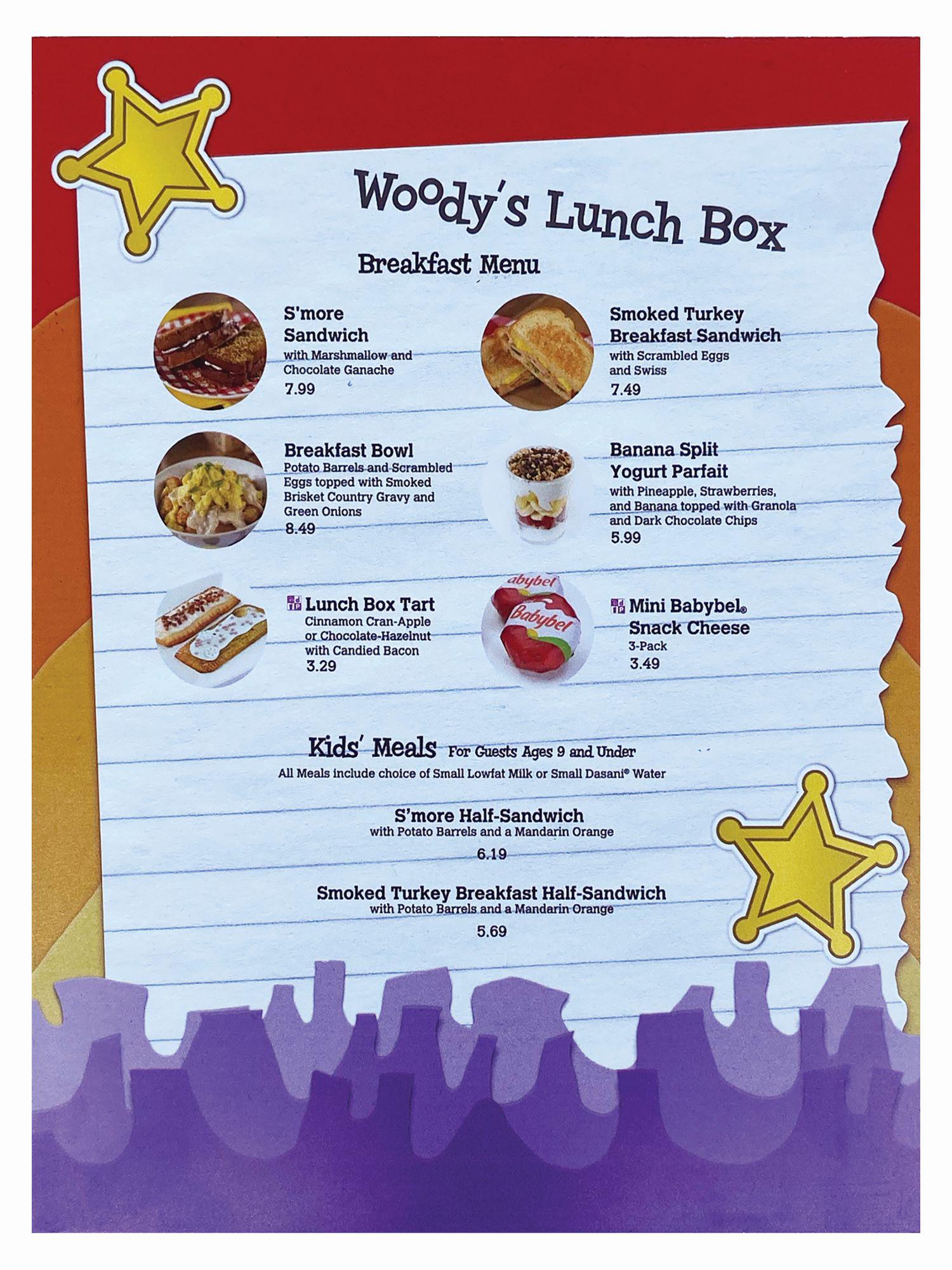 Woody's Lunch Box Breakfast Menu.: (Disney-MGM, c.2018) An original breakfast menu from the opening year of Woody's Lunch Box at Disney's Hollywood Studios at Walt Disney World. The double-sided menu lists the food and beverage options