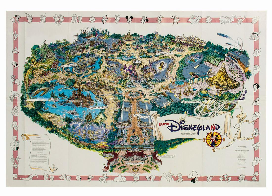 1992 Euro Disneyland Map.: (Euro Disneyland, 1992) A large souvenir map from the opening year of Euro Disneyland. This beautifully illustrated map by legendary Imagineer and Disneyland cartographer Sam McKim is replete with ele