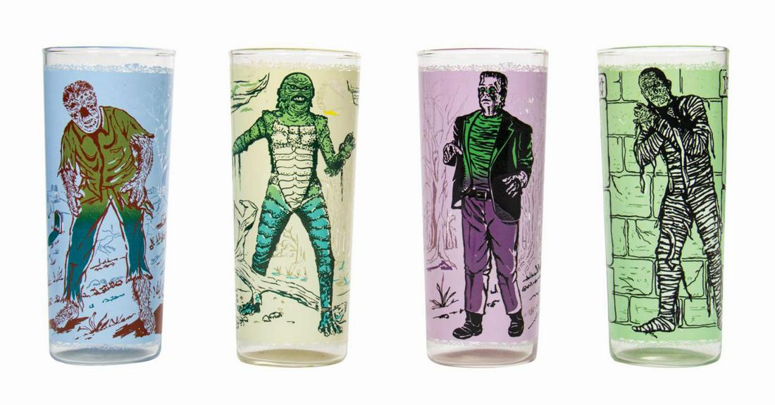 Set of (4) Universal Pictures Monster Drinking Glasses.: (Anchor-Hocking, 1963) A rare set of (4) drinking glasses featuring Universal Pictures monsters that were manufactured by Anchor-Hocking. A premium given away at gas stations, the set includes Franken