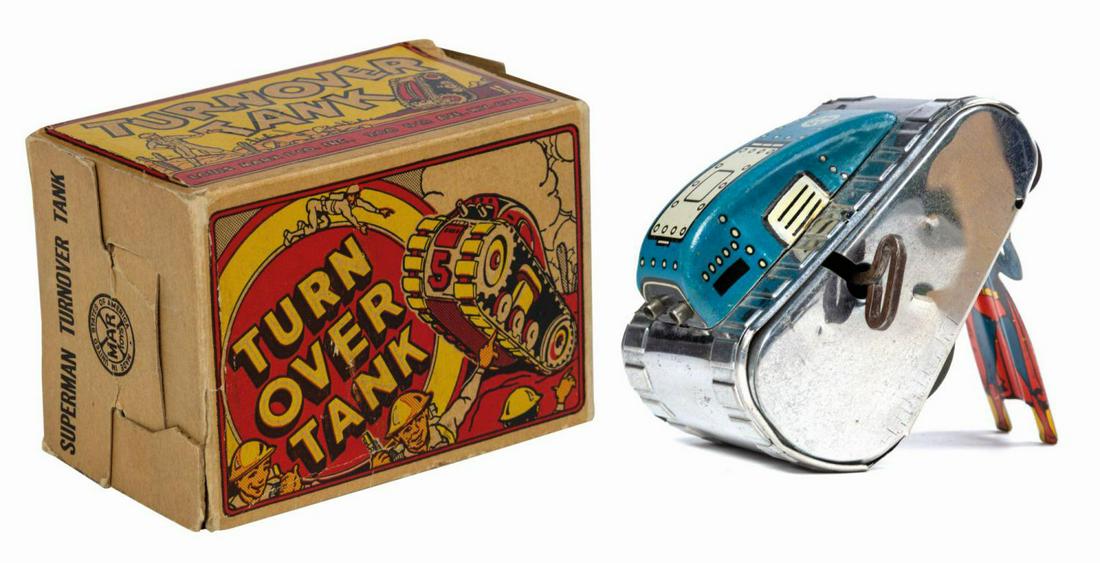 Marx Superman Turnover Tank in Box.: (Marx, 1940s) A very rare tin-litho Superman Turnover Tank toy by Marx Toys. This is the earlier 1940s version of this toy, featuring war-based imagery on the box while later 1950s versions of the toy