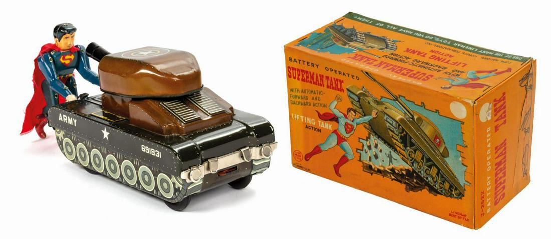 LineMar Superman Tank Toy with Box.: (LineMar, 1958) An extremely rare functioning Superman Tank toy by LineMar, a subsidiary of Marx Toys. The Man of Steel, depicted here in tin-litho, shows his enormous strength by lifting the battery-