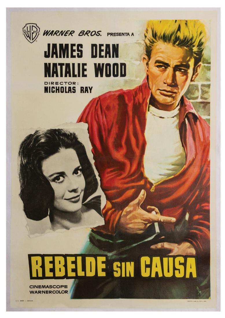 Rebel Without a Cause Spanish Poster.: (Warner Bros., 1955/R-64) A Spanish one sheet poster for Rebel Without a Cause starring James Dean and Natalie Wood. Depicting a large dynamic image of Dean and the Spanish title "Rebelde sin Causa," 