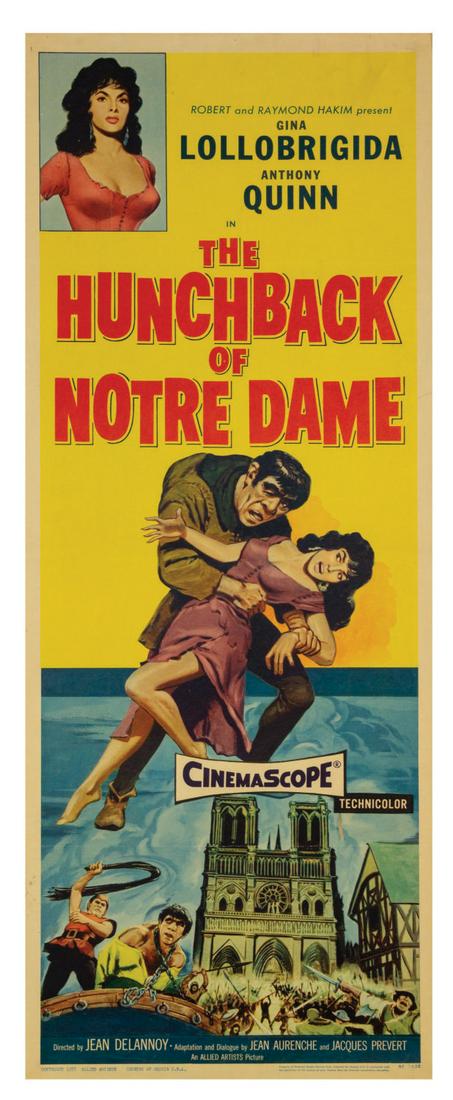 The Hunchback of Notre Dame Insert Poster.: (Allied Artists Pictures, 1956) An original insert movie poster for the 1956 version of The Hunchback of Notre Dame. Notably, this was the first version of the film to be produced in color. Measuring 
