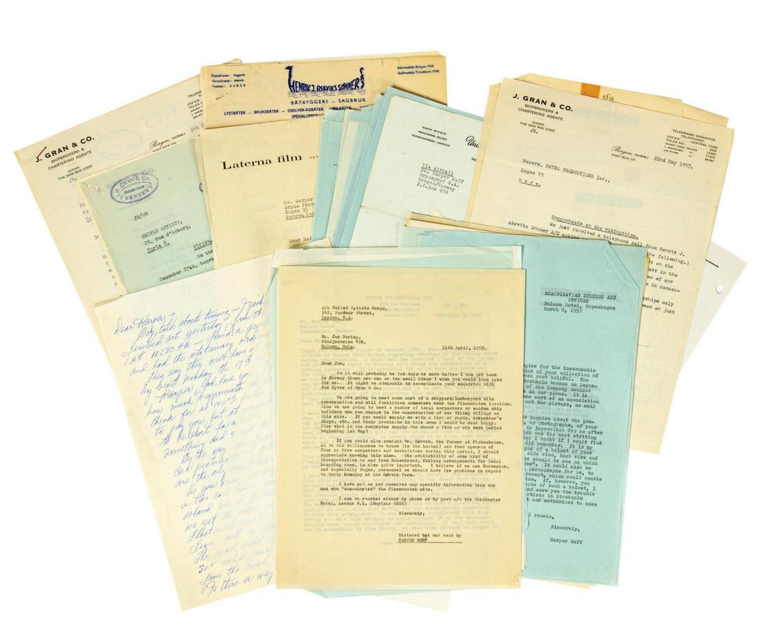Collection of (72) Harper Goff The Vikings Documents.: (United Artists, c.1956) A large collection of (72) documents that once belonged to Disney Legend Harper Goff while he was working on the feature film, The Vikings. The documents relate to the product