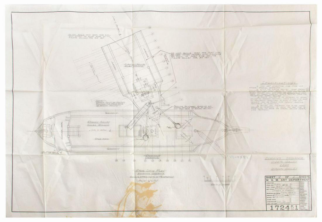 Ben-Hur Original Naval Battle Schematic Drawing.: (MGM, 1959) A large original schematic drawing for the iconic "Ramming Speed" scene in the Oscar-winning epic, Ben-Hur. Accomplished in pencil on MGM's Art Department vellum stock, the drawing depicts