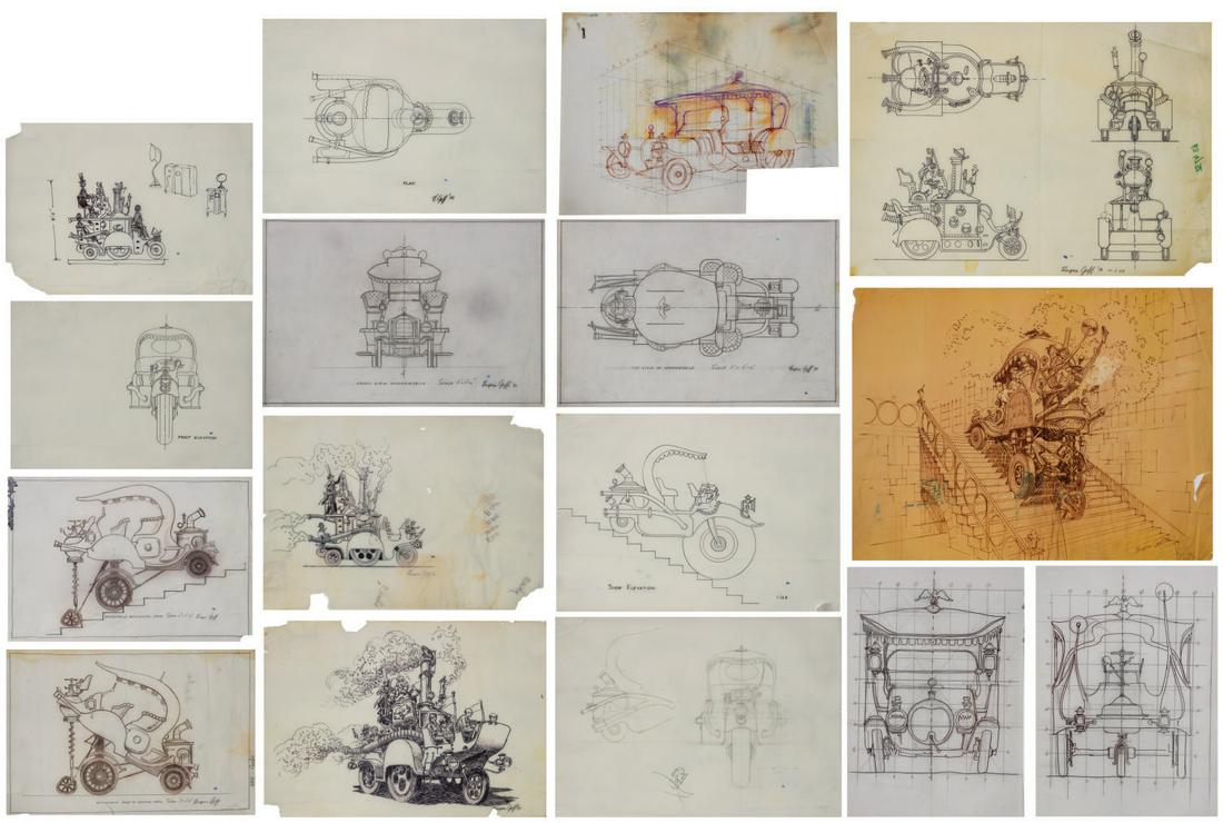 Collection of (16) Wonkamobile Concept Drawings.: (Paramount, c.1969) A collection of (16) original concept drawings by Harper Goff from his time as Art Director on the feature film Willy Wonka & the Chocolate Factory. The drawings are Goff's early c