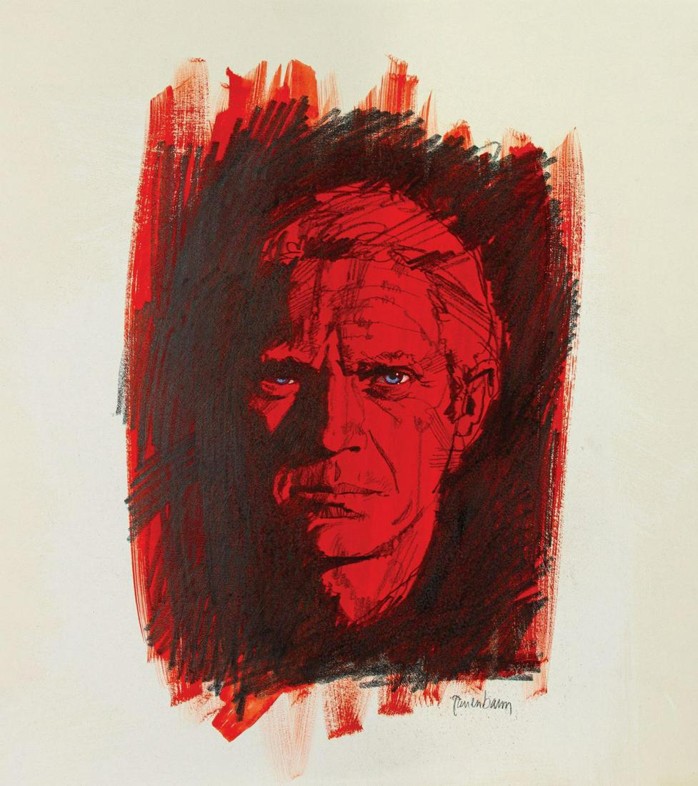 Steve McQueen Painting by Robert Tanenbaum.: (Unknown, c.1970s) An original painting by poster artist Robert Tanenbaum for a Steve McQueen film. This artwork is believed to have been created for an unused Steve McQueen film poster and is accompl