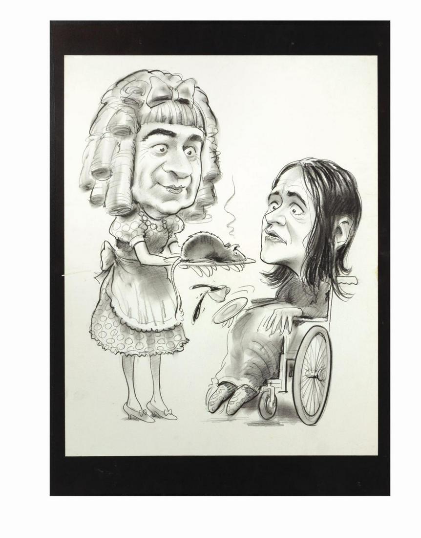 Lemmon & Matthau "Baby Jane" Caricature Drawing.: (MGM, 1981) An original drawing by renowned illustrator Peter Green depicting actors Jack Lemmon and Walter Matthau. This drawing was created by Green in a series of caricatures depicting Lemmon and M