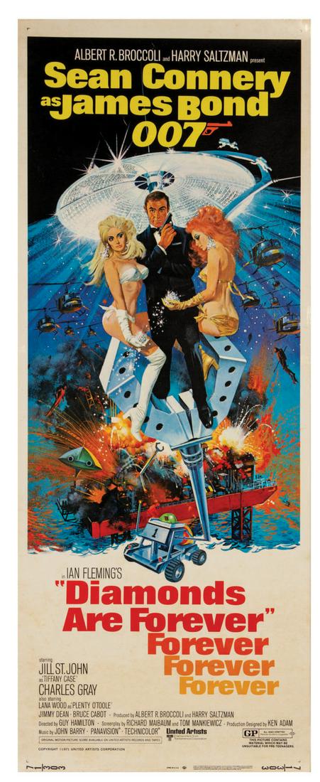 James Bond 007 Diamonds are Forever Insert Poster.: (United Artists, 1971) An original insert poster for the James Bond film Diamonds are Forever. This film marked Sean Connery's last turn as 007, returning after George Lazenby briefly played the role.