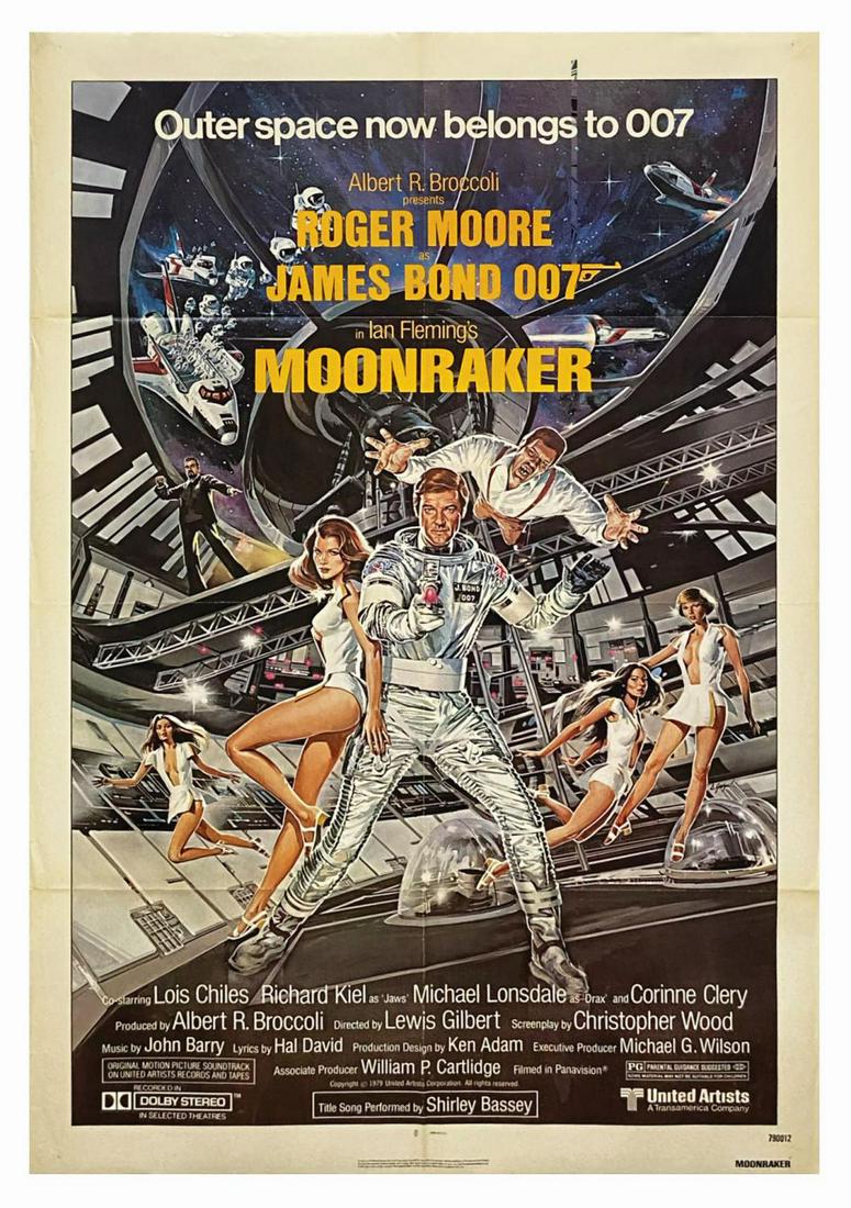 James Bond 007 Moonraker One Sheet Poster.: (United Artists, 1979) An original one sheet poster for the James Bond film Moonraker, starring Roger Moore. Measuring 41"x27", the poster is in fair to good condition with some spots of creasing and