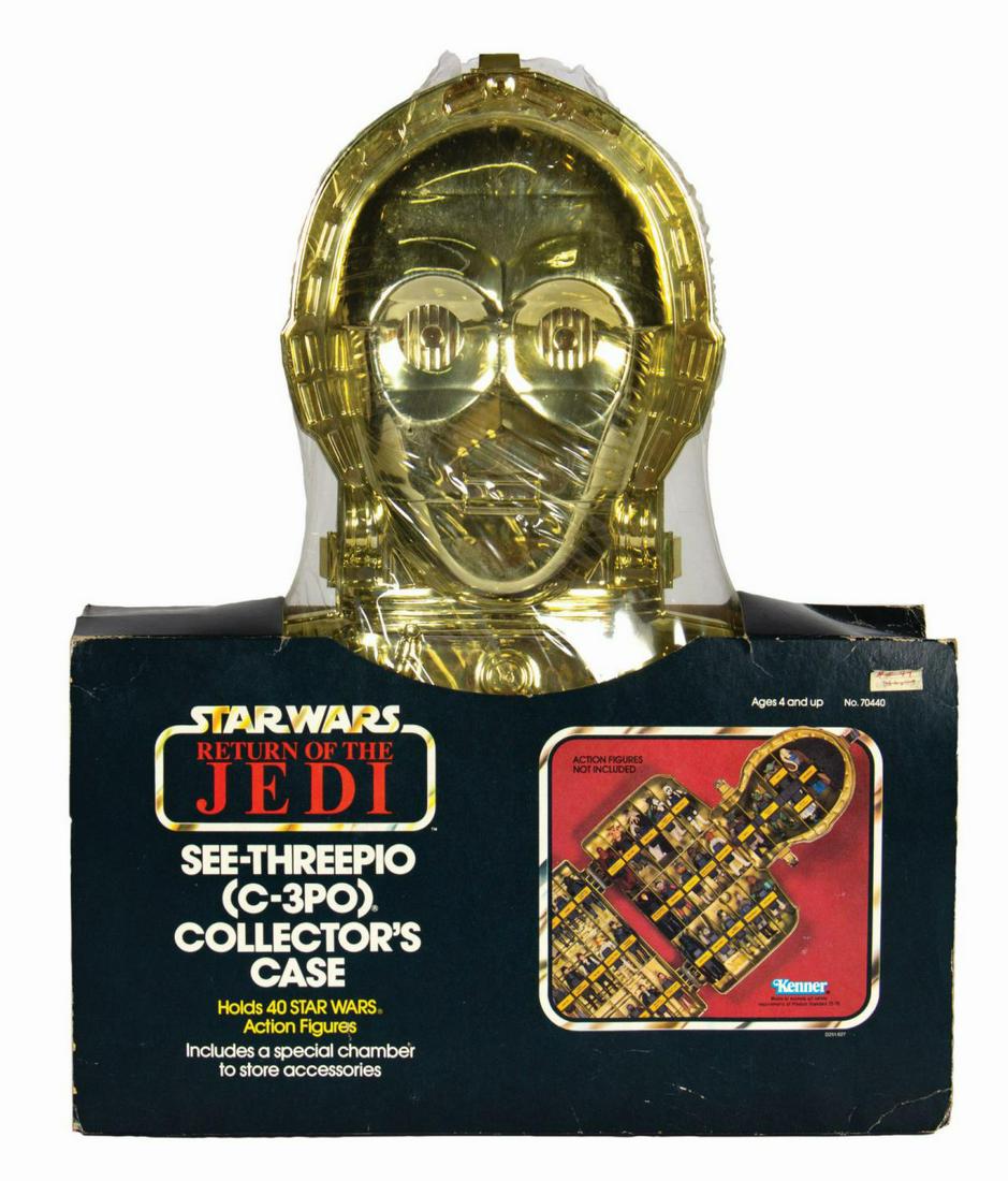 Return of the Jedi C-3PO Action Figure Case.: (Kenner, 1983) A vintage unopened See-Threepio (C-3PO) character action figure case. Released as part of Kenner's Star Wars - Episode VI: Return of the Jedi line, this metallic gold plastic case holds