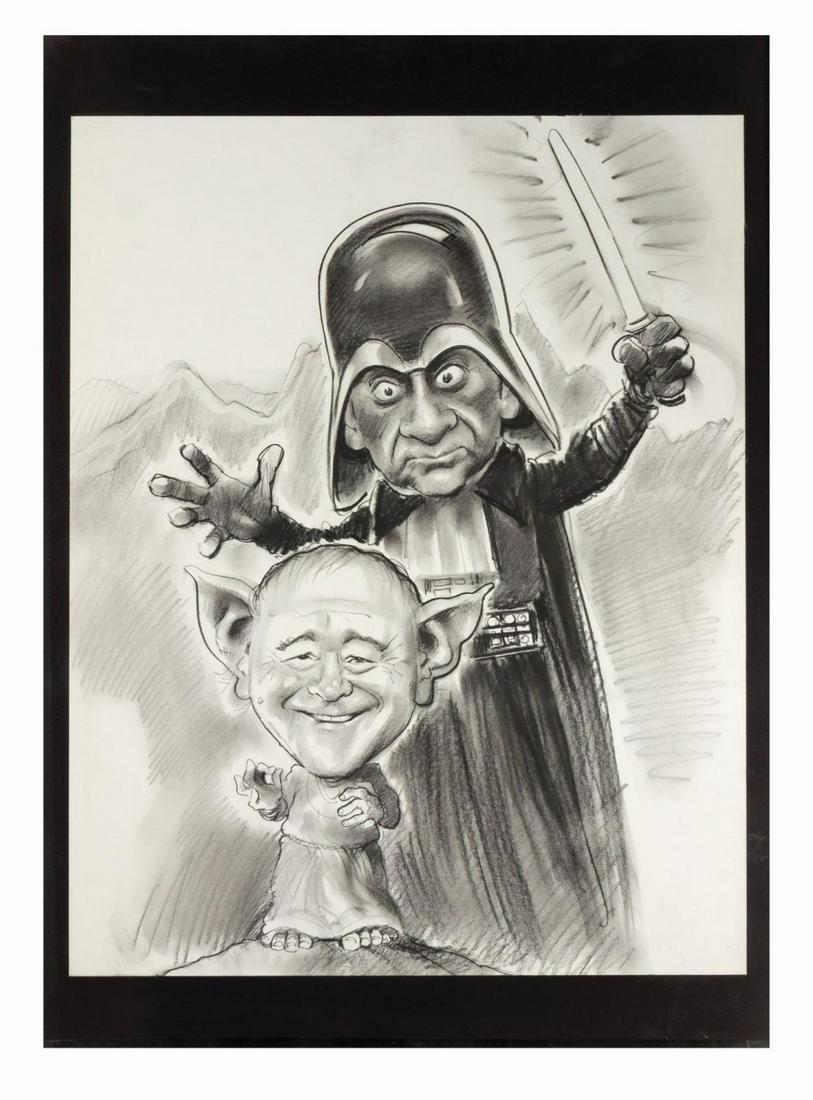 Lemmon & Matthau "Star Wars" Caricature Drawing.: (MGM, 1981) An original drawing by renowned illustrator Peter Green depicting actors Jack Lemmon and Walter Matthau. This drawing was created by Green in a series of caricatures depicting Lemmon and M