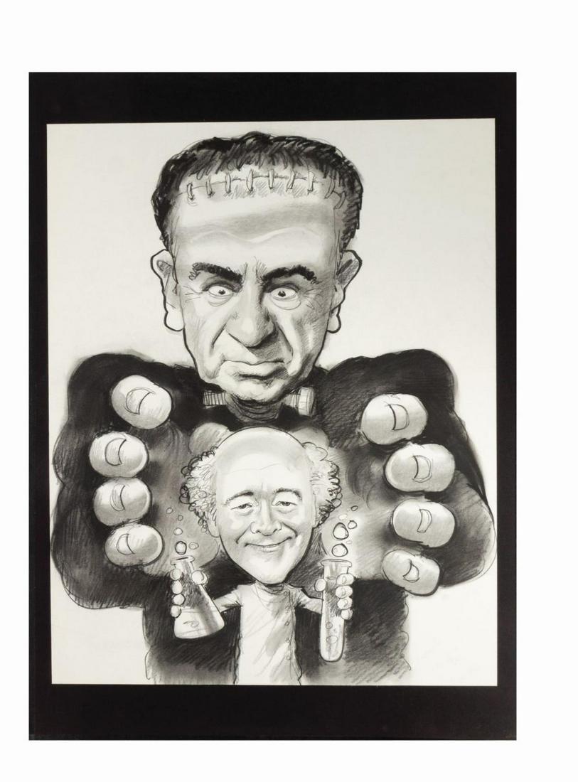 Lemmon & Matthau "Frankenstein" Caricature Drawing.: (MGM, 1981) An original drawing by renowned illustrator Peter Green depicting actors Jack Lemmon and Walter Matthau. This drawing was created by Green in a series of caricatures depicting Lemmon and M