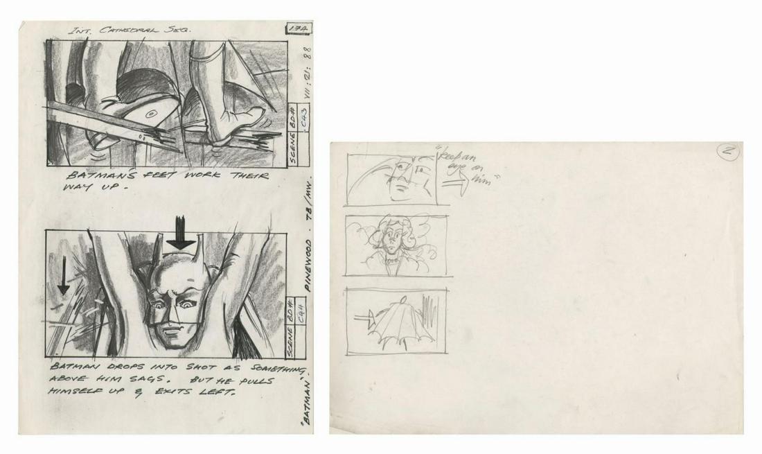 Batman Cathedral Storyboard Art.: (Warner Bros., 1989) An original illustrated storyboard page and an original storyboard sketch page from Tim Burton’s Batman. The illustrated page, titled “Int. Cathedral Seq,” contains two pane