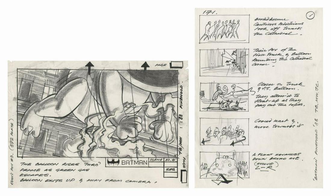 Batman Joker Parade Storyboard Art.: (Warner Bros., 1989) An original illustrated storyboard page and an original illustrated storyboard sequence page from Tim Burton’s Batman. The illustrated page, titled “Knox’s Pov #3,” contai