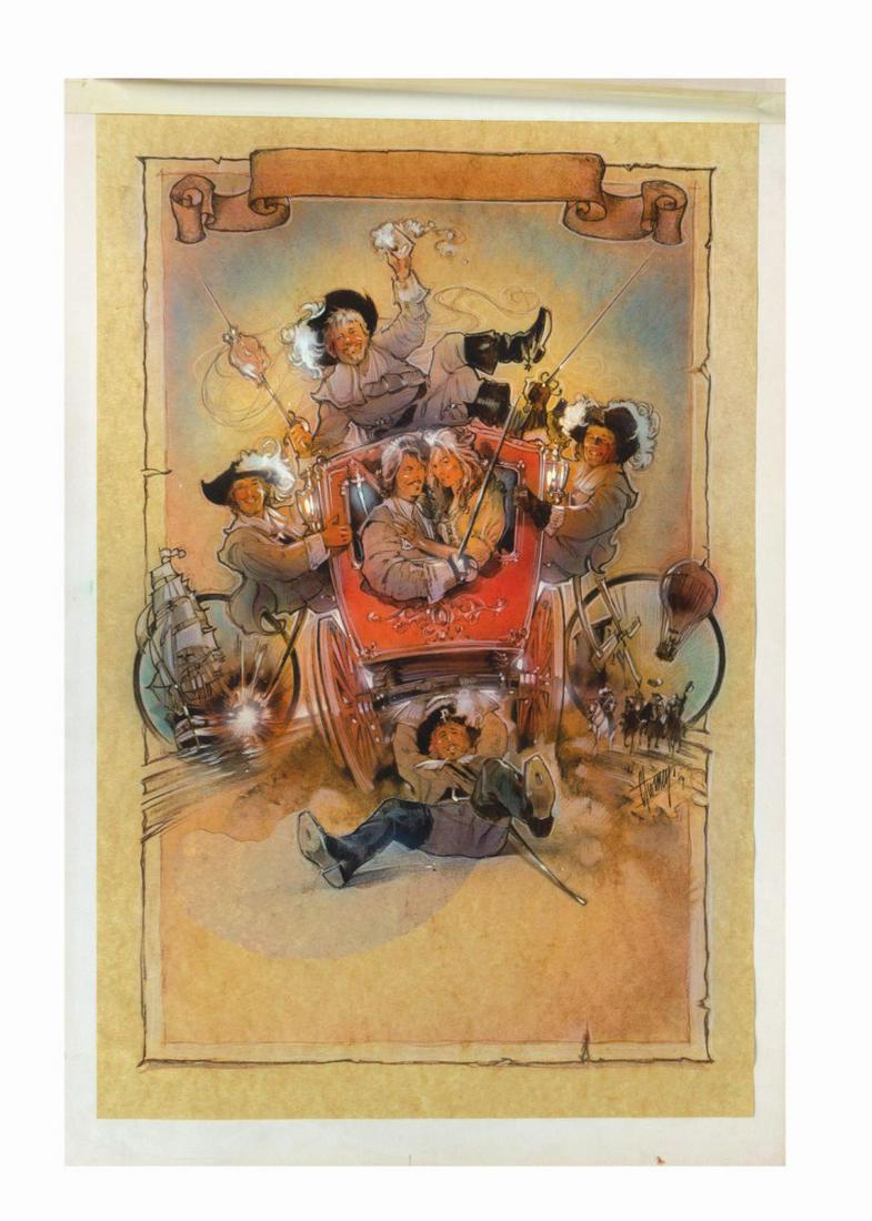 The Return of the Musketeers Poster Concept Artwork.: (Universal, 1989) An original concept design by renowned film poster artist Steve Chorney for the action comedy film, The Return of the Musketeers. This preliminary artwork is very similar to what wou