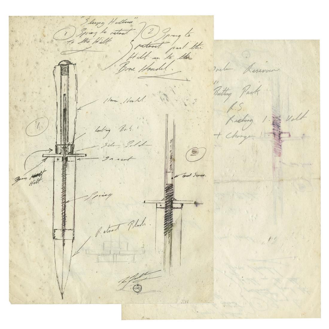 Sleepy Hollow Retractable Dagger Technical Drawing.: (Paramount, 1999) An original technical drawing in ink of a horn-handled dagger with a retractable blade from Tim Burton’s Sleepy Hollow. The intricate diagram of a prop dagger is meticulously label