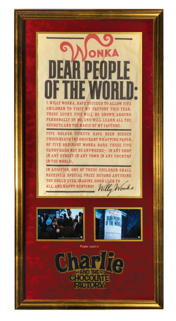 Charlie and the Chocolate Factory Poster Prop.: (Warner Bros, 2005) A rare prop poster created for Tim Burton's Charlie and the Chocolate Factory. The poster announces the Golden Ticket contest in which "Five golden tickets have been hidden underne